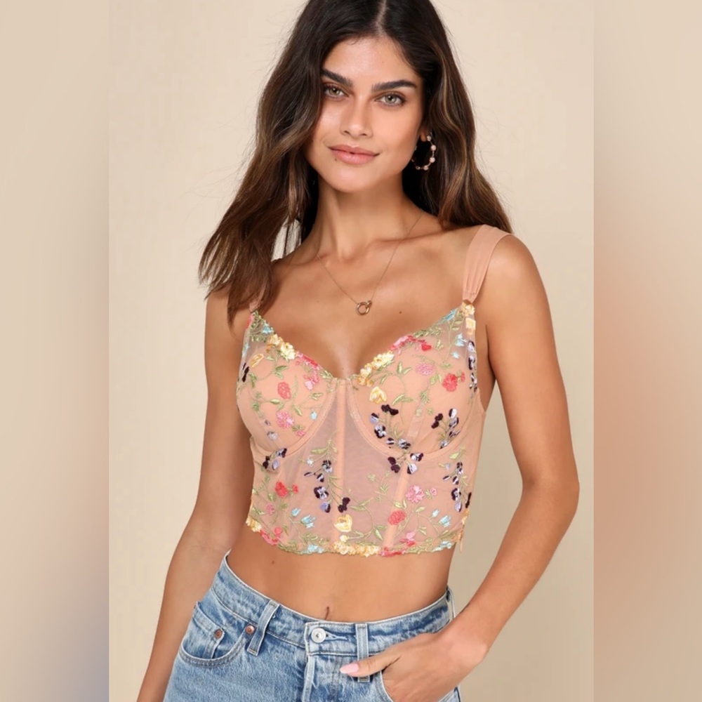 NWT Lulus Sultry Beige Floral Embroidered Mesh Bustier Top, SIZE MEDIUM
